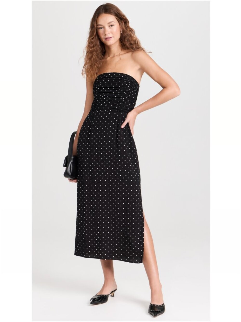 WAYF Birdie Ruched Strapless Midi Dress